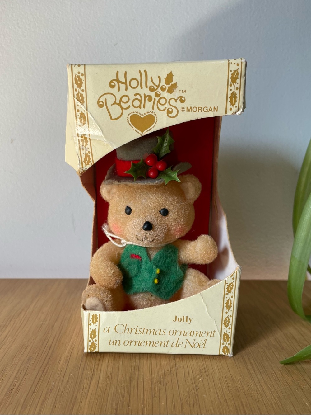 Vintage 1980s Hollybearies Jolly Bear Christmas Ornament Boxed Flocked Teddy